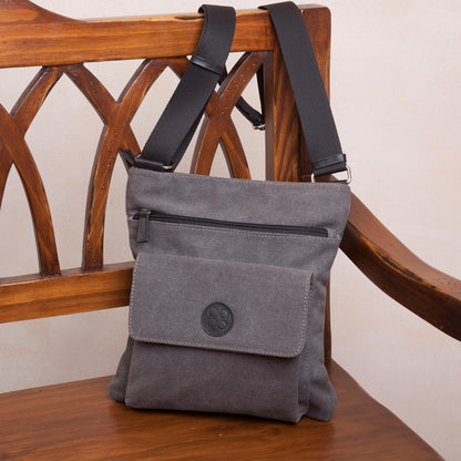 Ancient Traveler Leather Accent Cotton Shoulder Bag in Slate from Peru