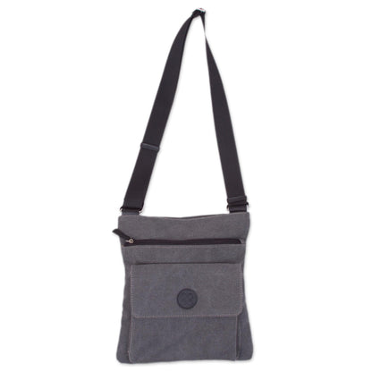 Ancient Traveler Leather Accent Cotton Shoulder Bag in Slate from Peru