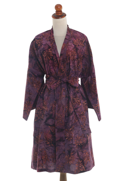 Twilight Bloom Purple and Brown Cotton Hand Crafted Batik Short Robe