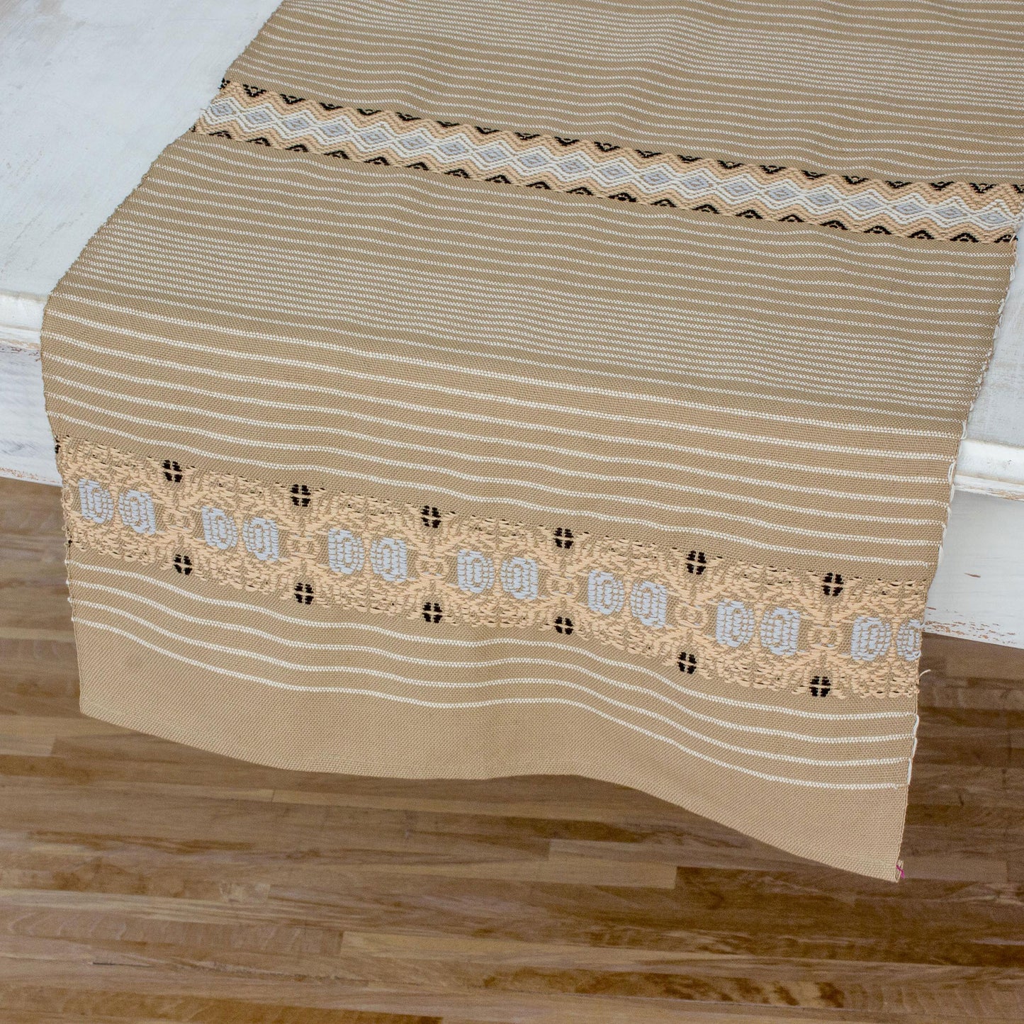 Striped Paths in Khaki Handwoven Striped Table Runner in Khaki from Guatemala