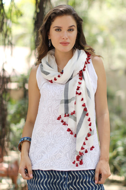 Blissful Simplicity Hand Woven Silk Cotton Blend White Shawl with Red Tassels