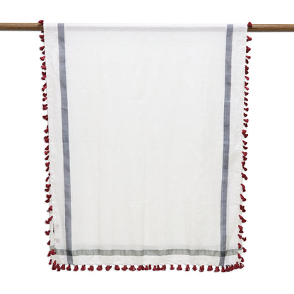 Blissful Simplicity Hand Woven Silk Cotton Blend White Shawl with Red Tassels