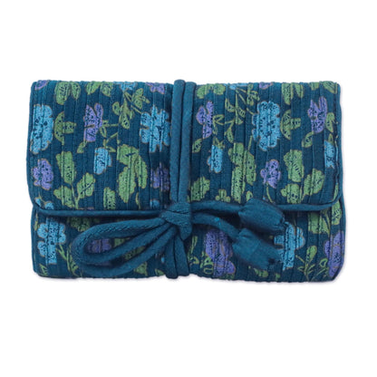 Floral Fashion Rayon and Silk Blend Jewelry Roll in Blue from Thailand