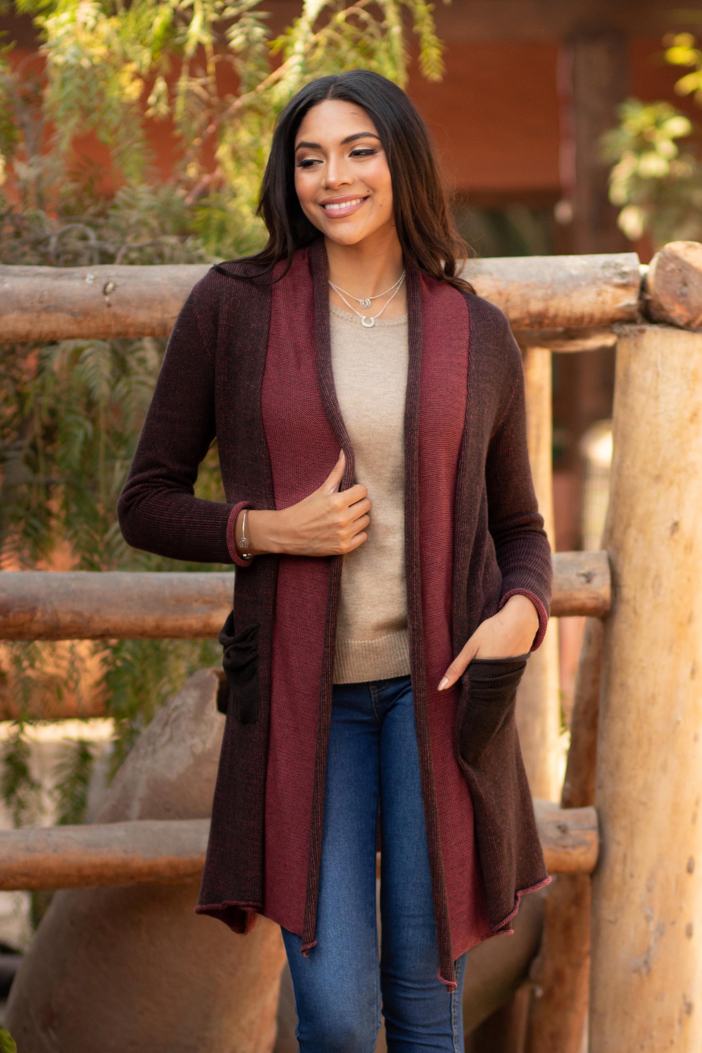 Pink Java Long Brown and Pink 100% Pima Cotton Cardigan from Peru