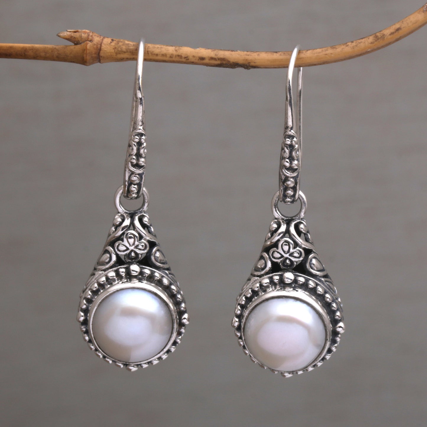Heavenly Vines White Pearl Dangle Earrings