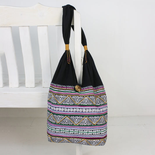 Thai Spirals Multicolored Embroidered Cotton Shoulder Bag from Thailand