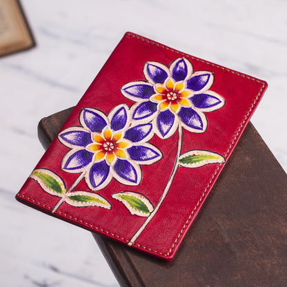 Lovely Traveler in Red Red Leather Passport Cover with Hand Painted Flowers