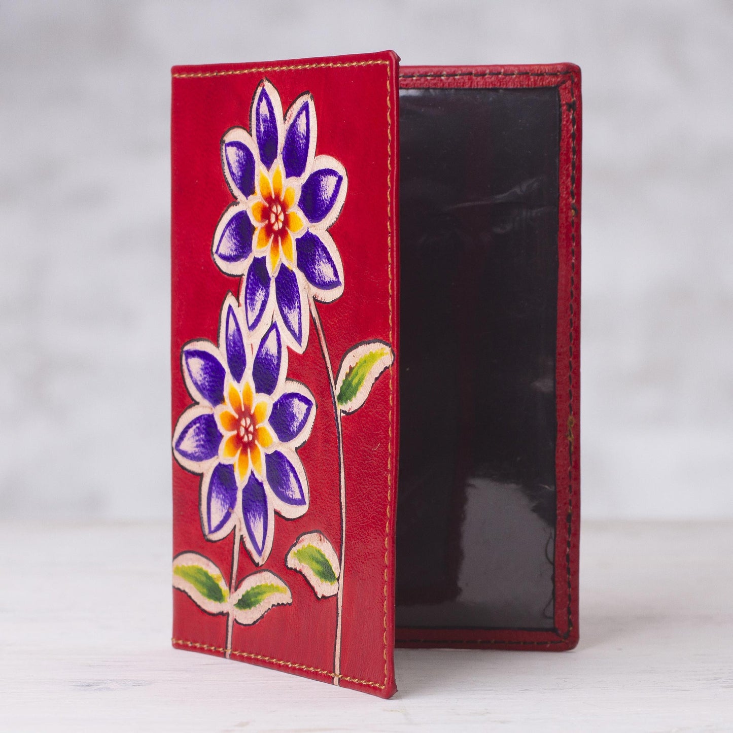 Lovely Traveler in Red Red Leather Passport Cover with Hand Painted Flowers