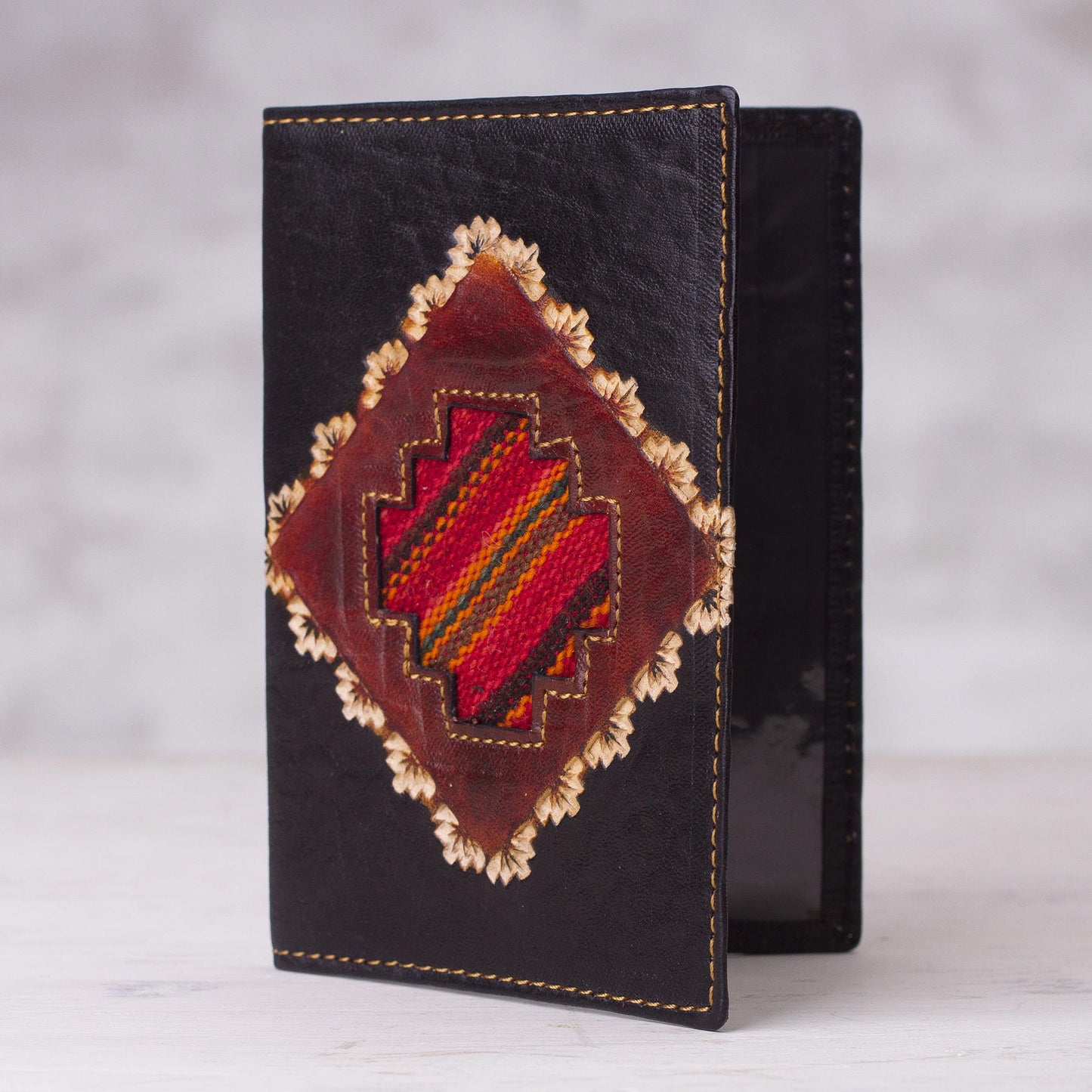 Inca Traveler Dark Brown Leather Passport Cover with Incan Cross Design