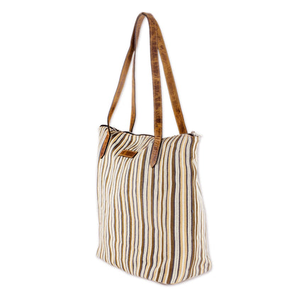 Modern Cafe Cream and Brown Striped Hand Woven Cotton Tote Bag
