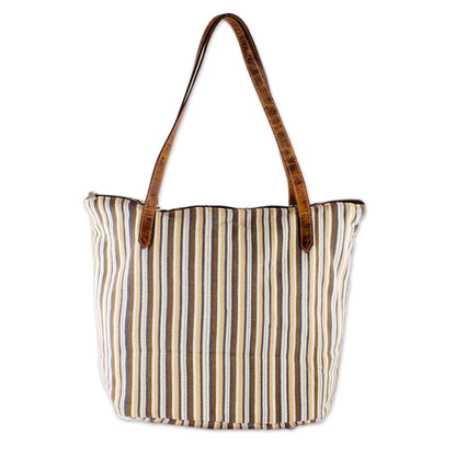Modern Cafe Cream and Brown Striped Hand Woven Cotton Tote Bag