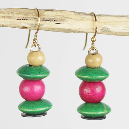 Raspberry Bush Pink and Green Stacked Sese Wood Beaded Dangle Earrings