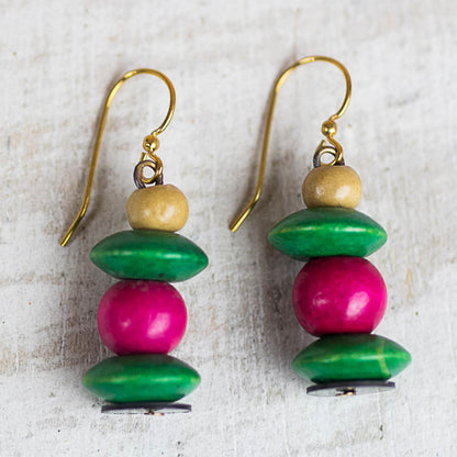 Raspberry Bush Pink and Green Stacked Sese Wood Beaded Dangle Earrings