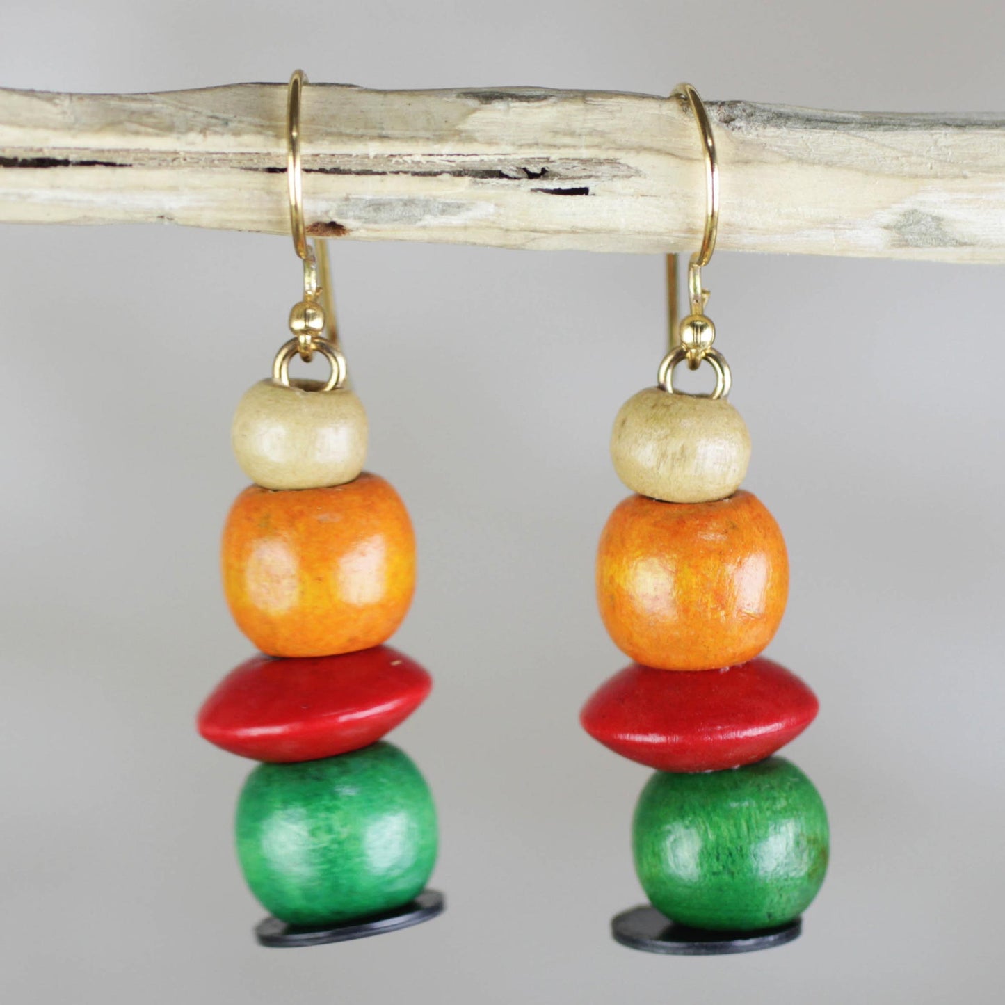 Candy Columns Orange Red and Green Sese Wood Candy Columns Dangle Earrings