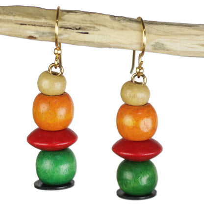 Candy Columns Orange Red and Green Sese Wood Candy Columns Dangle Earrings