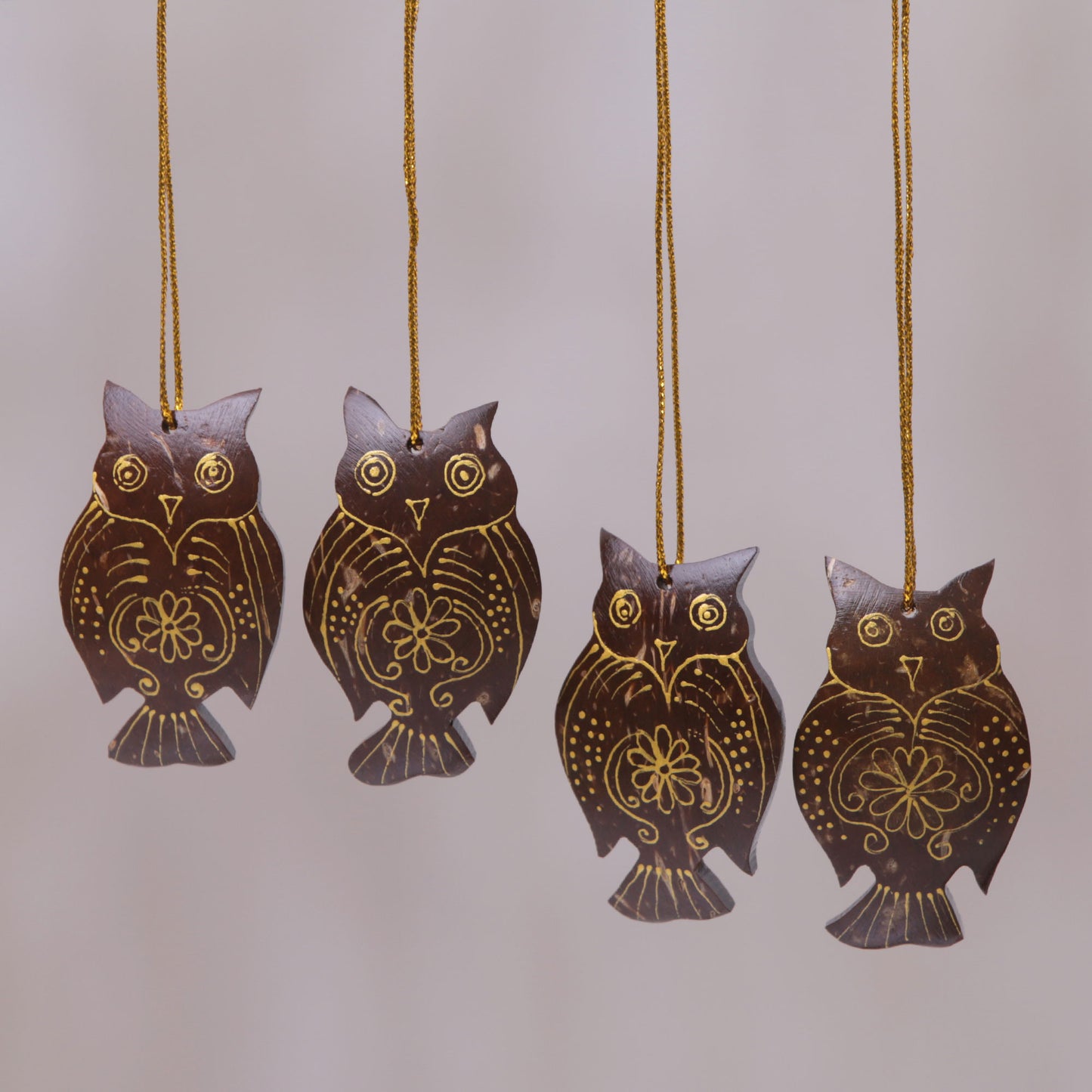Holiday Owl Coconut Shell Hanging Ornaments - Set of 4