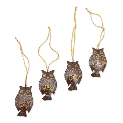 Holiday Owl Coconut Shell Hanging Ornaments - Set of 4