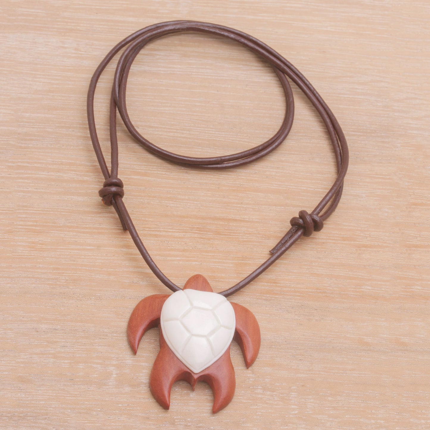 Cow Bone & Wood Turtle Pendant Necklace