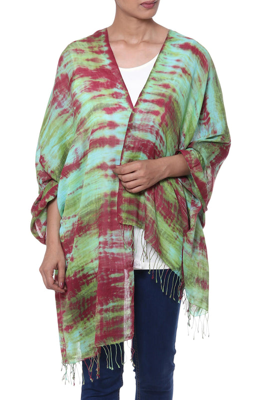 Cosmic Waves Red Green and Aqua Tie-Dyed Cotton Shawl with Fringe