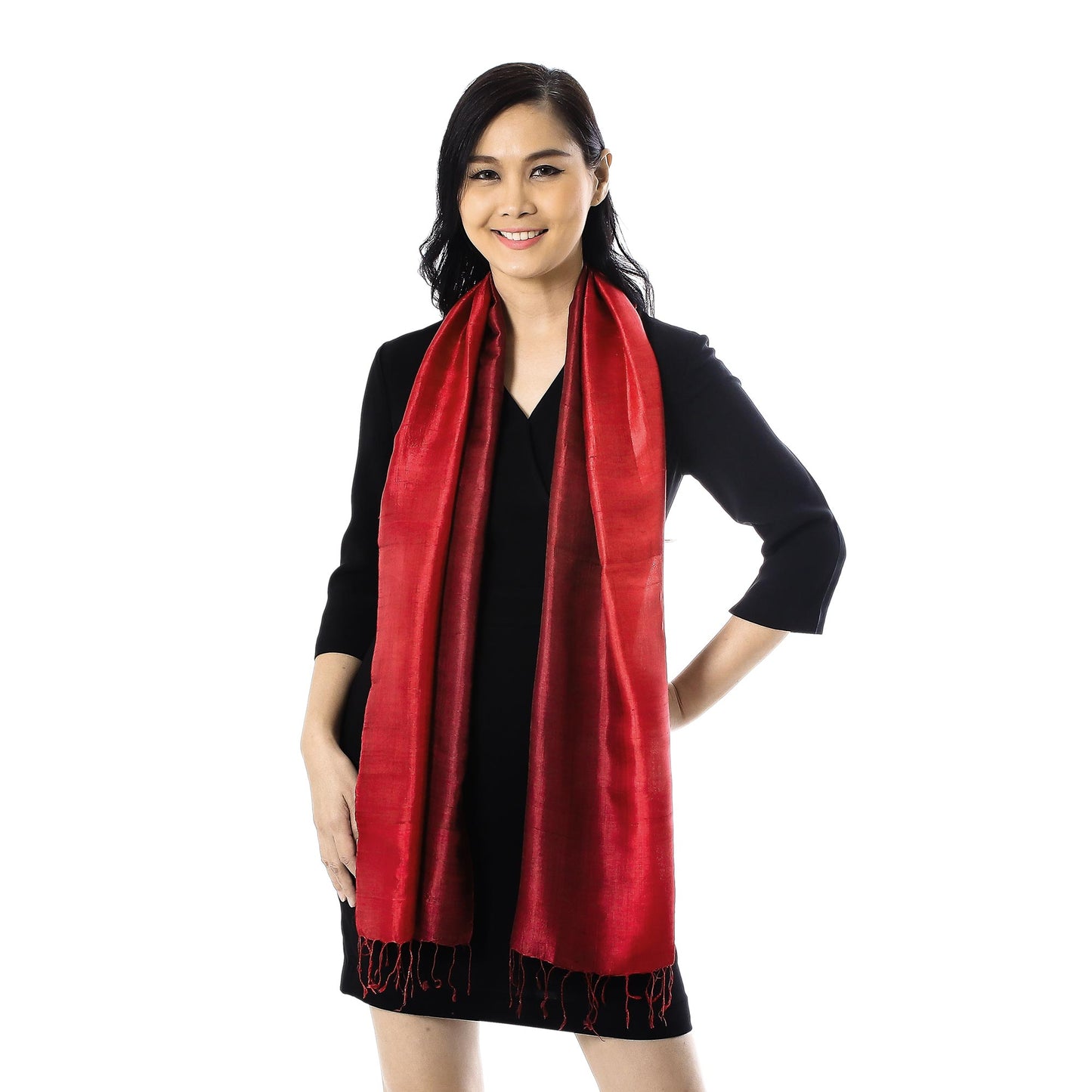 Ruby Love Ruby Red Tie-Dyed Handwoven Silk Scarf with Fringe