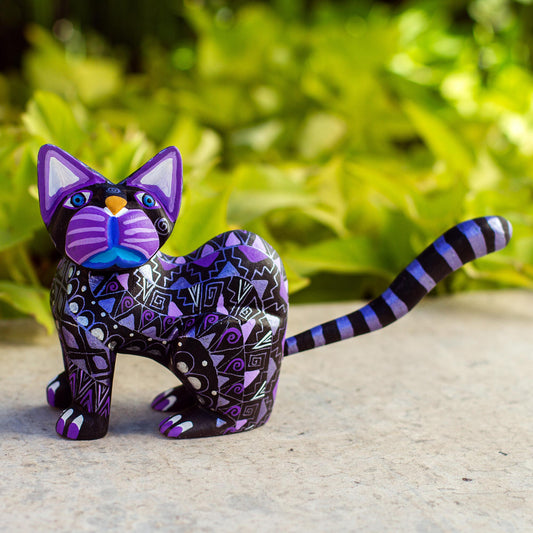 Sophisticated Cat Black Alebrije Cat Silver and Purple Hand Painted Motifs