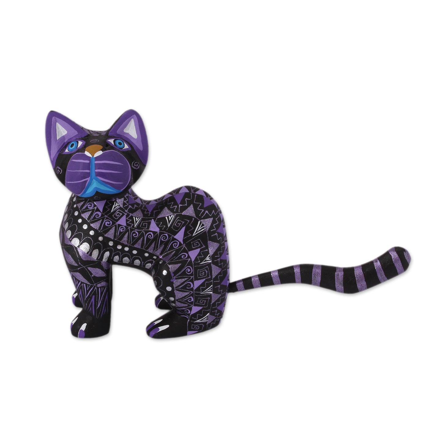 Sophisticated Cat Black Alebrije Cat Silver and Purple Hand Painted Motifs