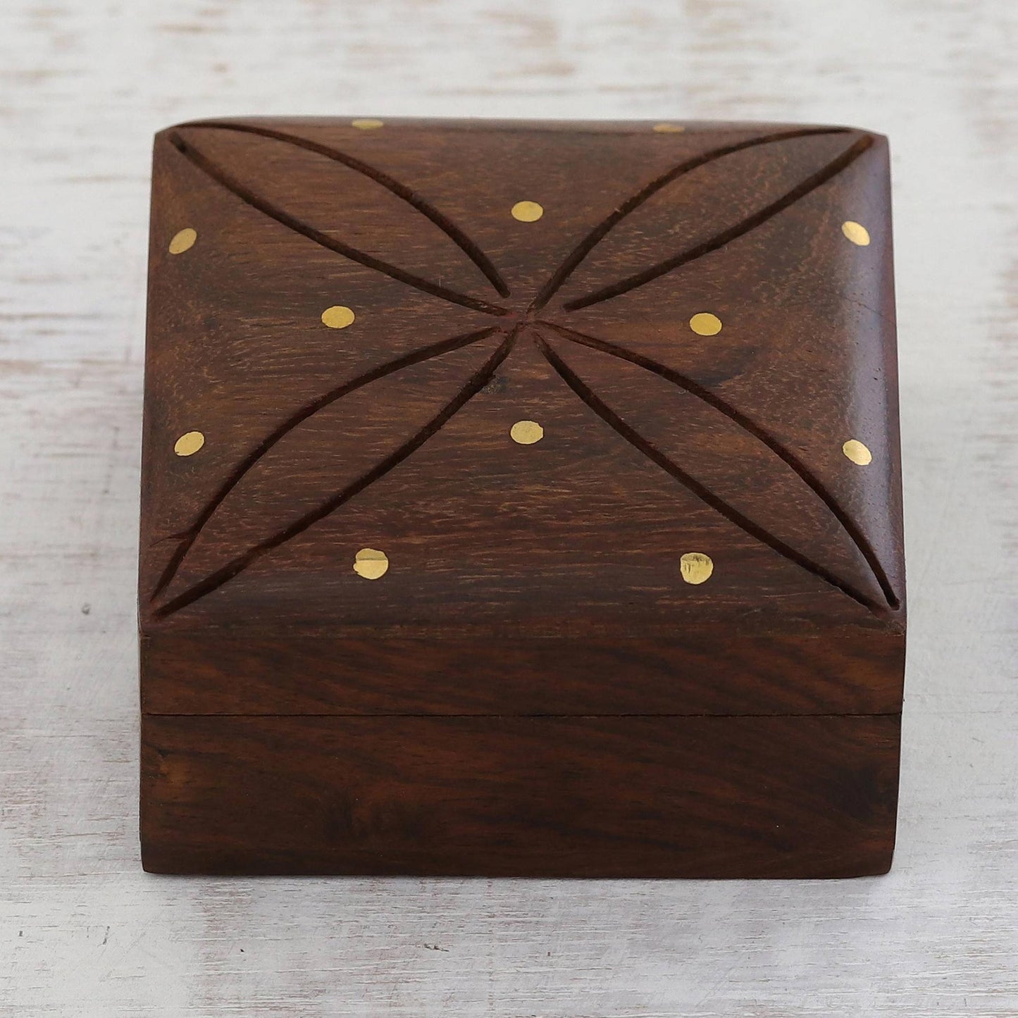 Refined Symmetry Mango Wood with Brass Dot Inlay Decorative Hinged-Lid Box