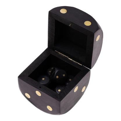 Elegant Dice Black Mango Wood with Brass Dots Decorative Box and Dice Set