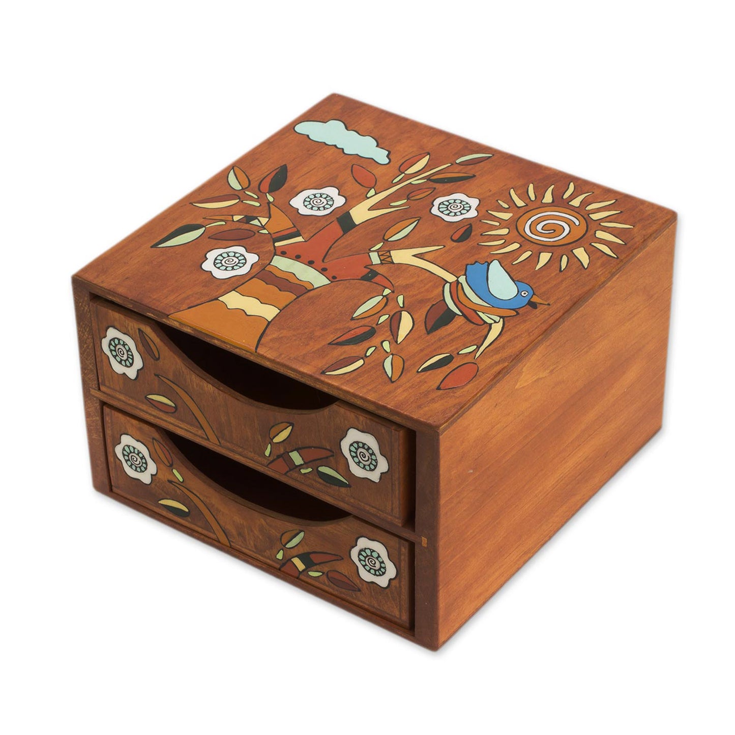Lively Tree Pinewood Jewelry Box with Bird and Tree Motifs