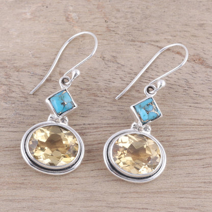 Watery Gold Nine-Carat Citrine and Composite Turquoise Earrings