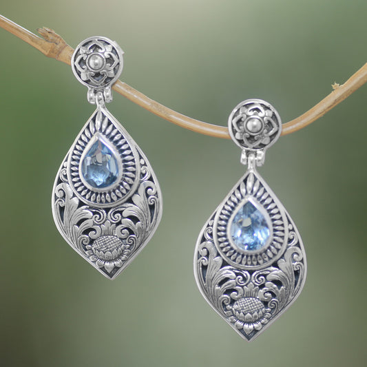 Tari Lotus Blue Topaz & Silver Dangle Earrings
