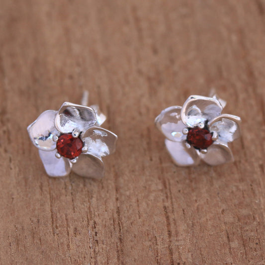Jepun Soul Flower Garnet & Silver Stud Earrings