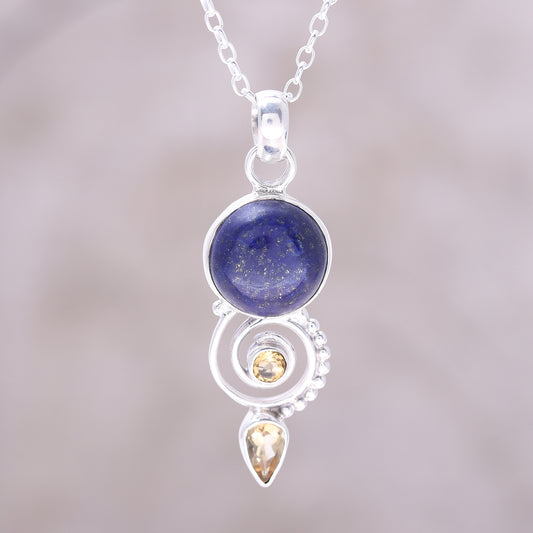 Majestic Spiral Citrine and Lapis Lazuli Spiral Necklace from India