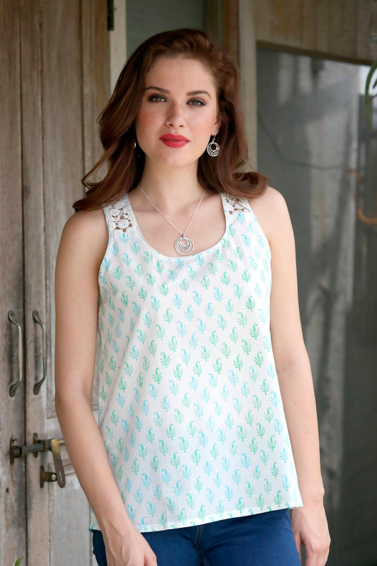 Summer Desire Block-Printed White Cotton Blouse from India