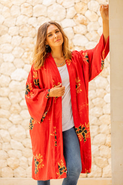 Crimson Floral Crimson Rayon Robe with Black Floral Motifs from Bali