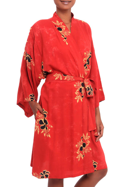 Crimson Floral Crimson Rayon Robe with Black Floral Motifs from Bali