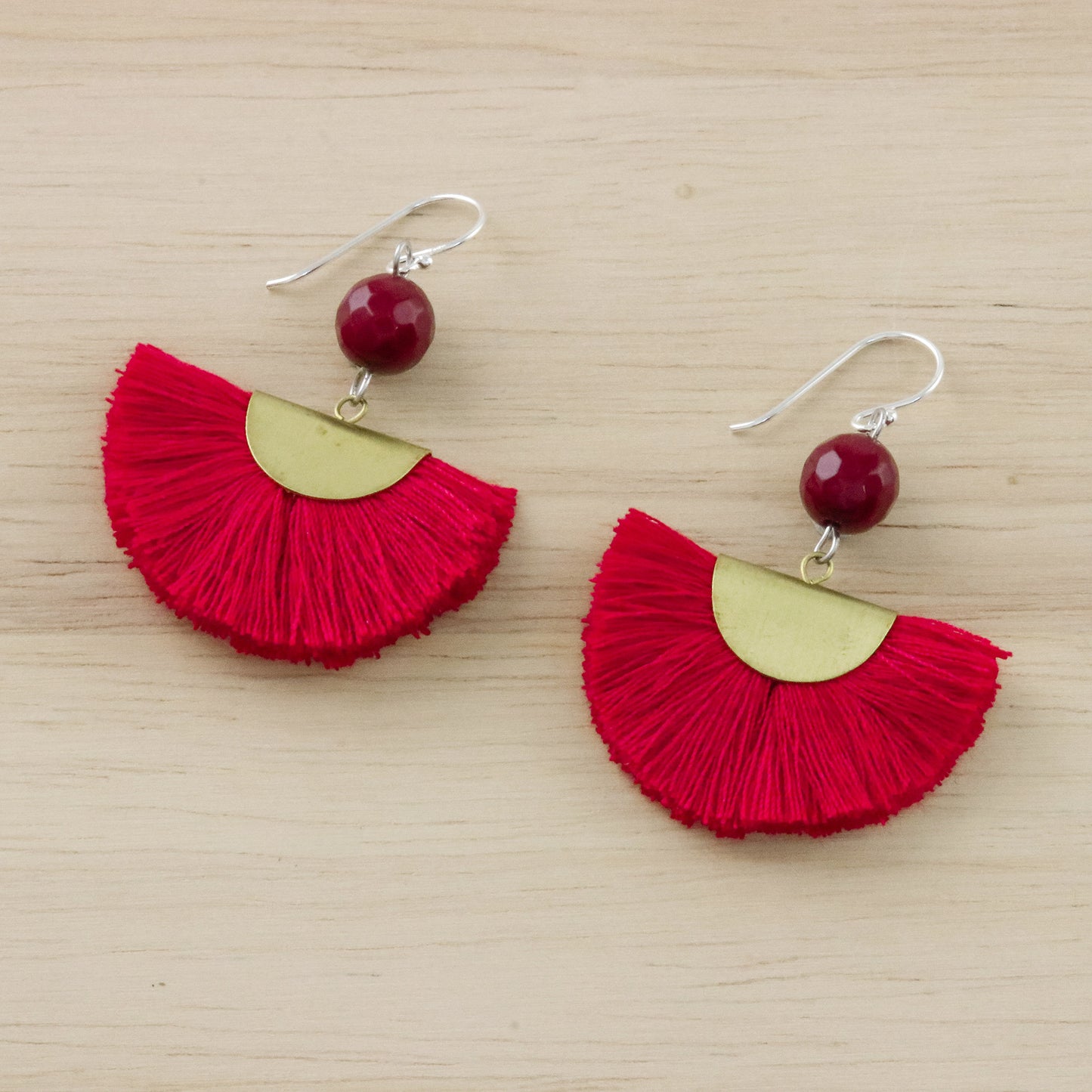 Festival in Red Quartz and Brass Bead Dangle Earrings with Cotton Fringe
