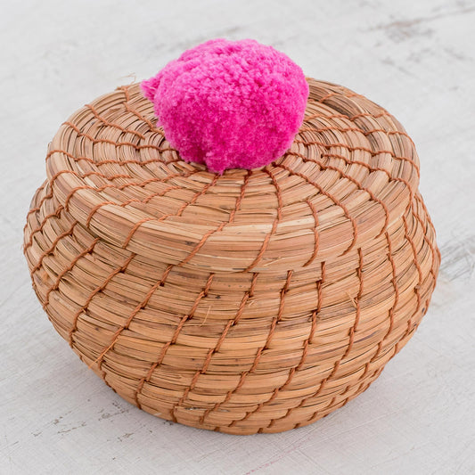 Natural Enchantment in Fuchsia Handmade Pine Needle Basket with a Fuchsia Cotton Pompom