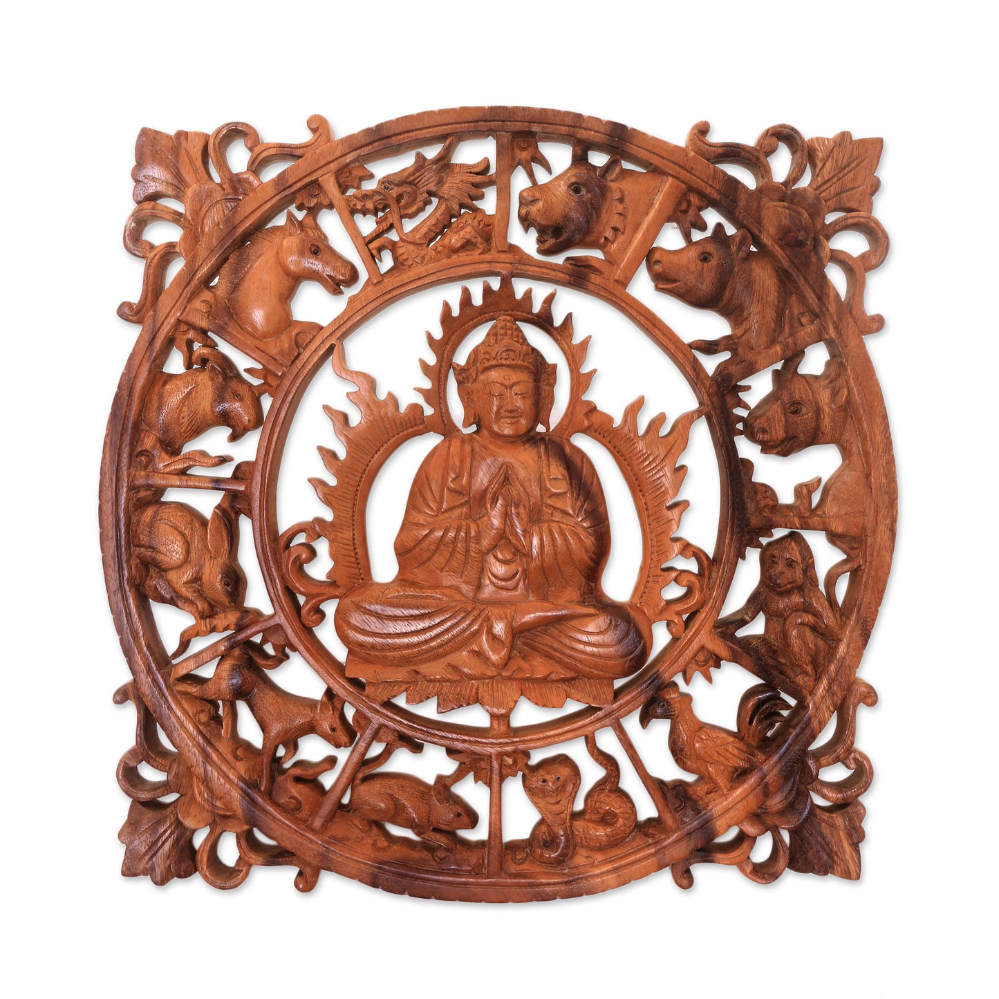 Zodiac Buddha Zodiac-Themed Buddha Wood Relief Panel from Bali