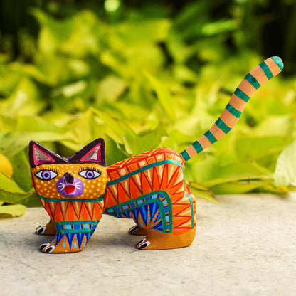 Walking Festive Cat Multicolored Wood Alebrije Cat Figurine from Mexico