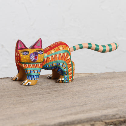 Walking Festive Cat Multicolored Wood Alebrije Cat Figurine from Mexico