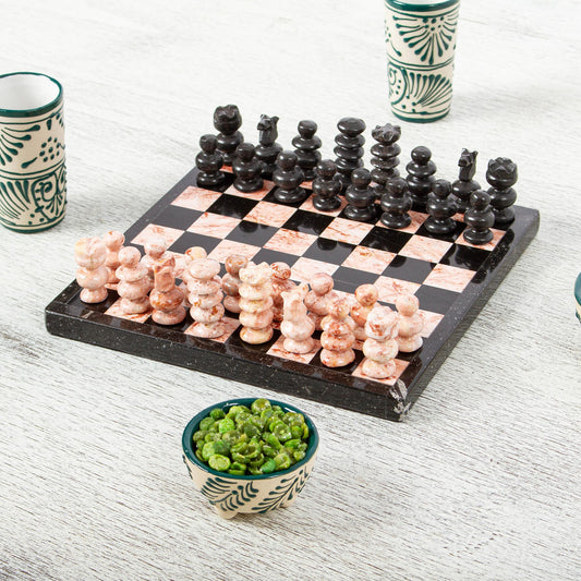 Black and Pink Challenge Marble Chess Set in Black and Pink from Mexico (7.5 in.)