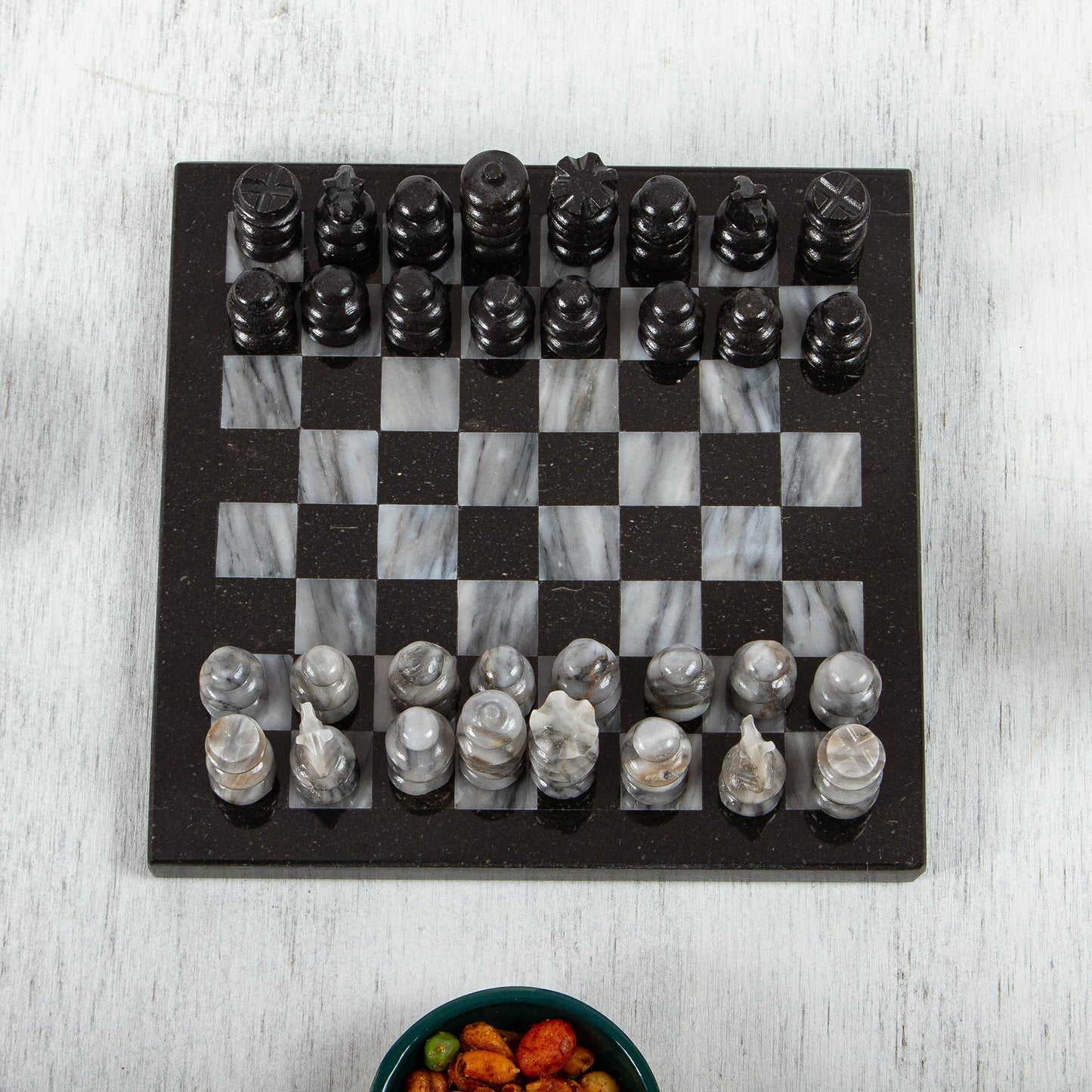 Black and Grey Challenge Marble Chess Set in Black and Grey from Mexico (7.5 in.)