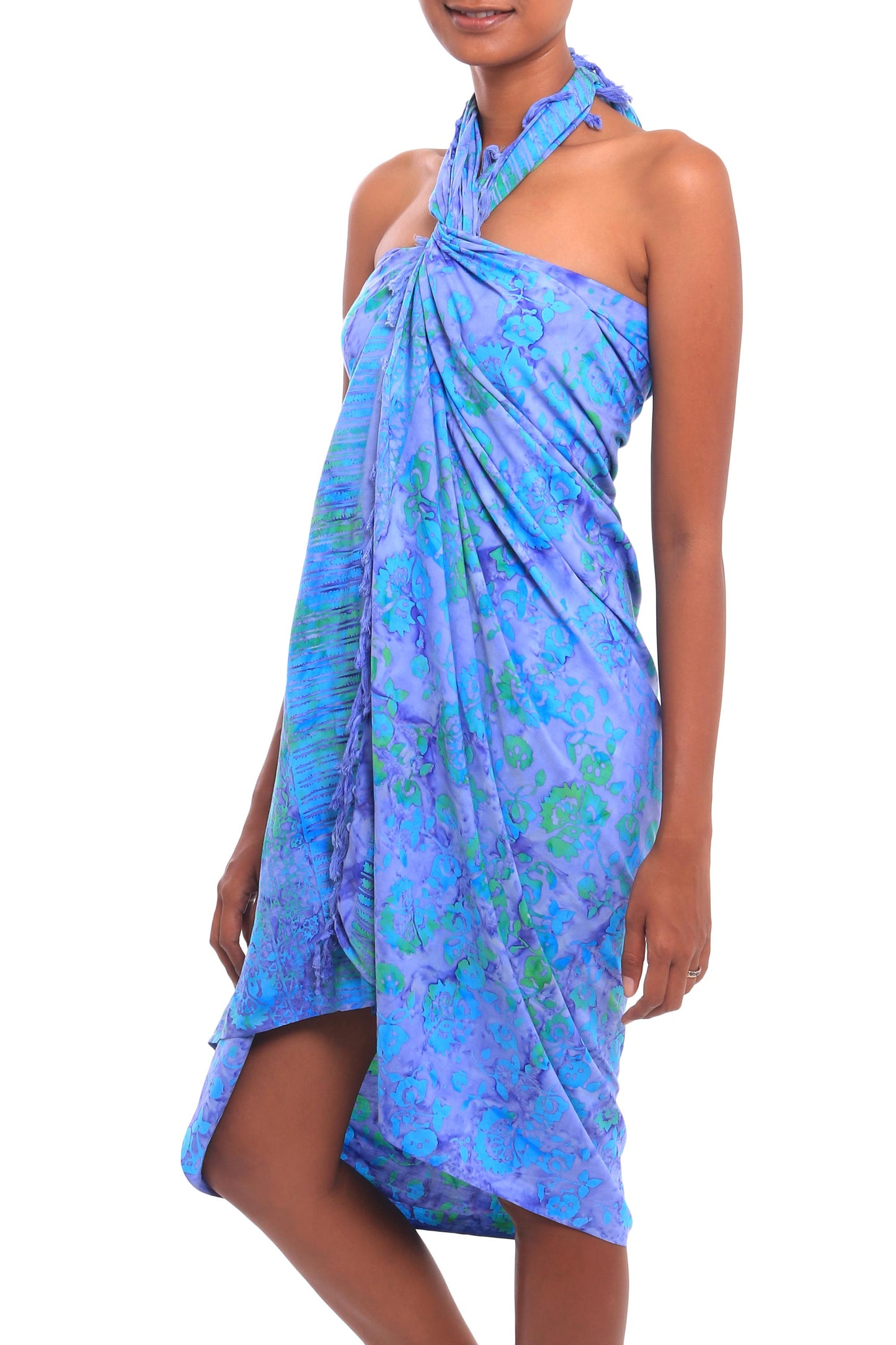Pale Blue Petals Floral Batik Rayon Sarong in Pale Blue from Bali