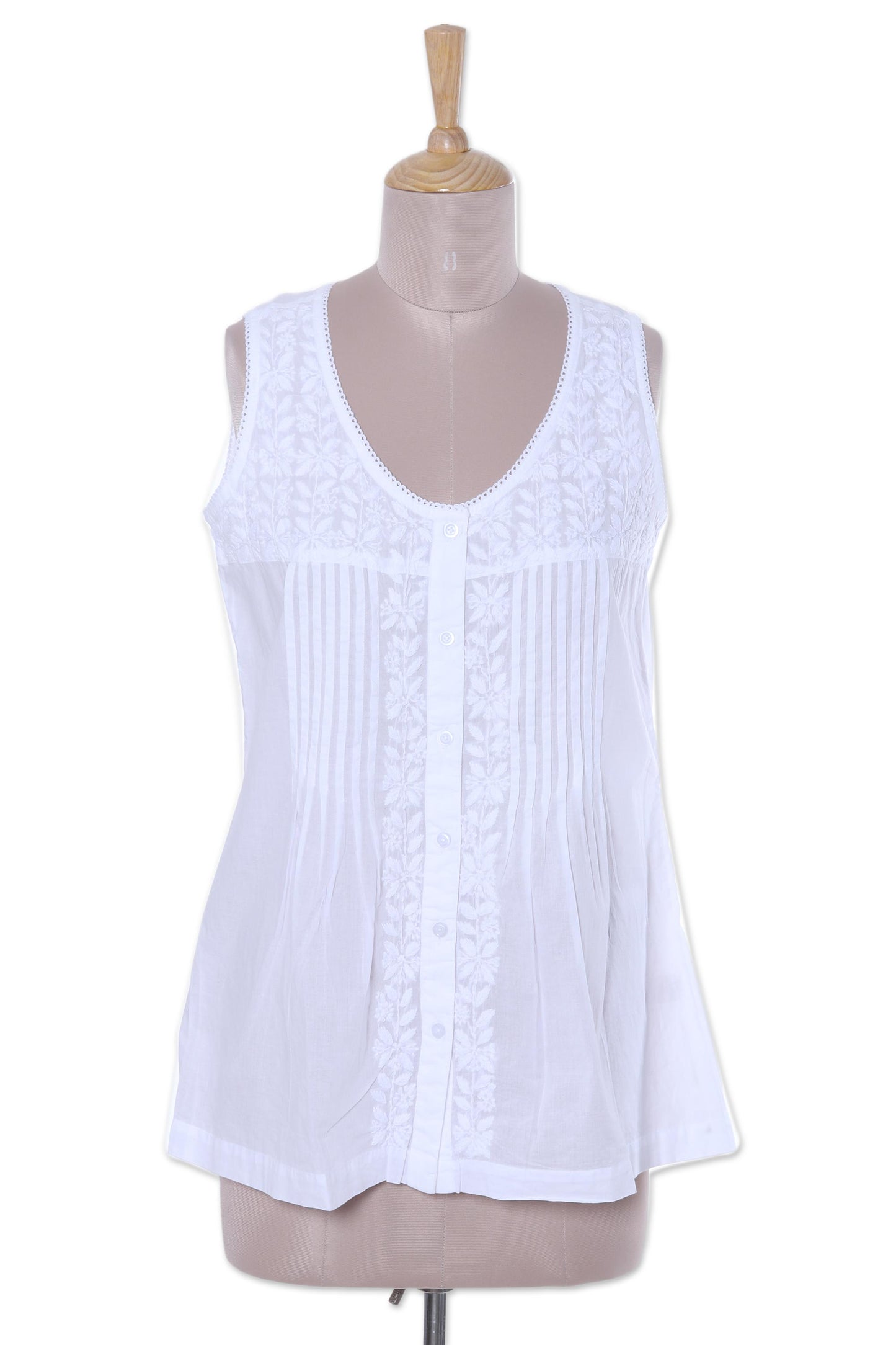Floral Flirt Sleeveless Floral White Blouse Hand Embroidered in India