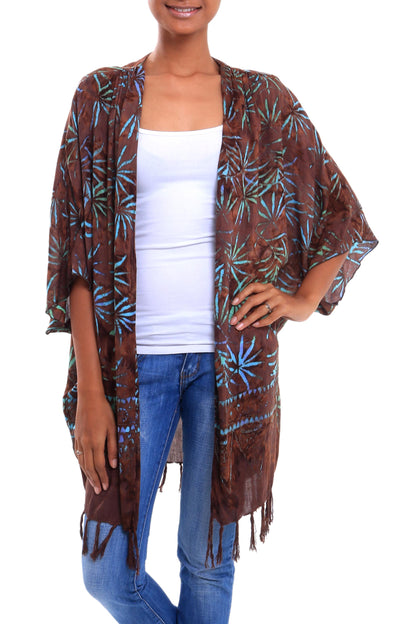 Denpasar Lady in Brown Leaf Motif Batik Rayon Kimono Jacket in Brown from Bali