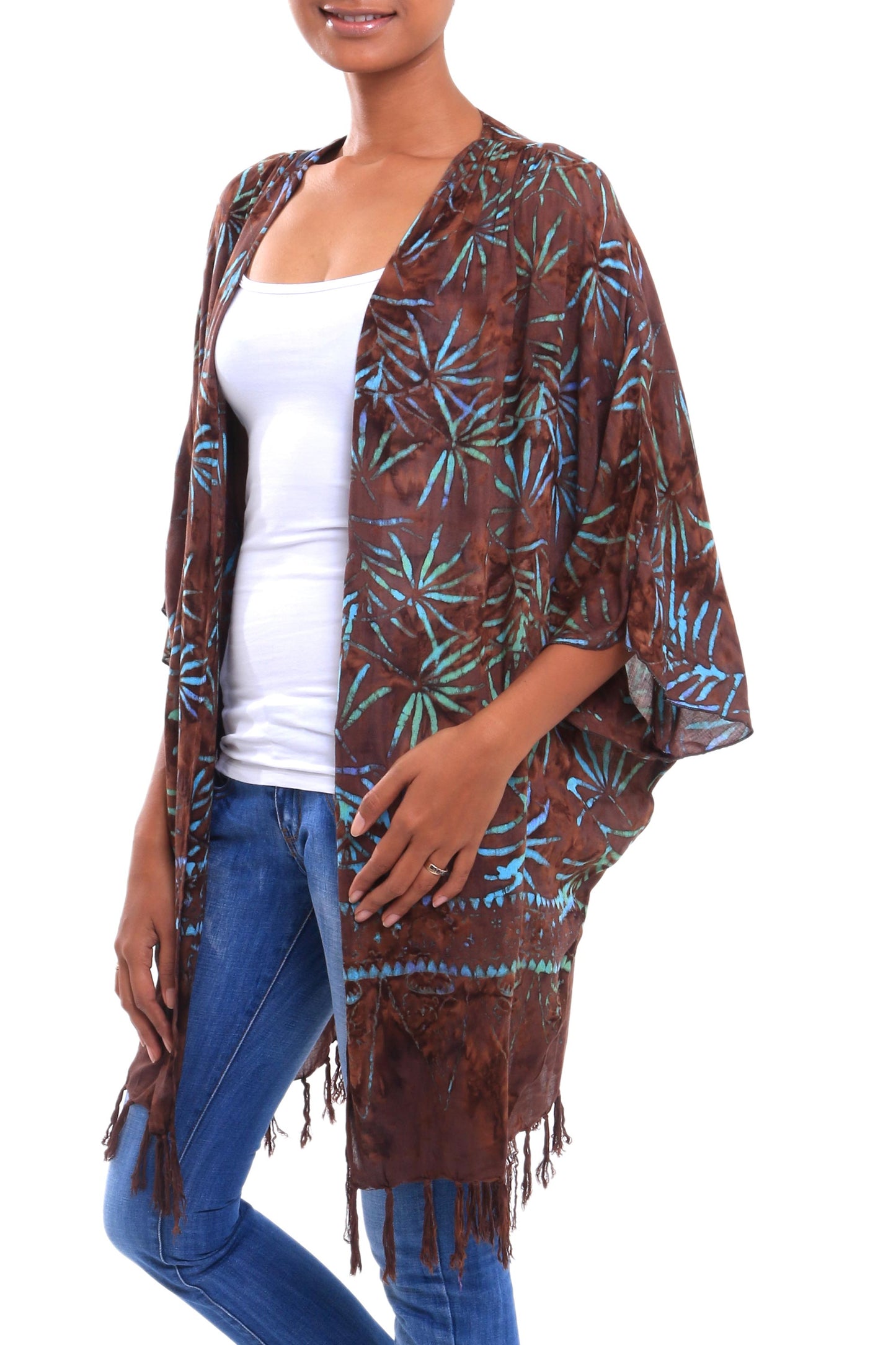 Denpasar Lady in Brown Leaf Motif Batik Rayon Kimono Jacket in Brown from Bali