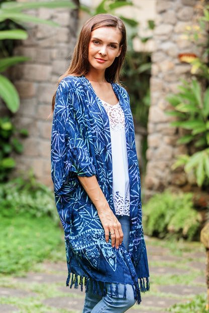 Denpasar Lady in Blue Leaf Motif Batik Rayon Kimono Jacket in Blue from Bali