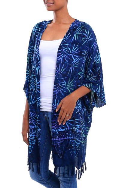 Denpasar Lady in Blue Leaf Motif Batik Rayon Kimono Jacket in Blue from Bali