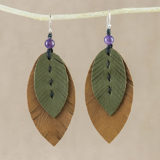 Happy Leaves Amethyst and Leather Leaf Dangle Earrings from Thailand